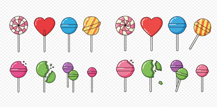 Collection of colorful lollipops in various shapes and conditions, including whole and broken candies, on sticks.