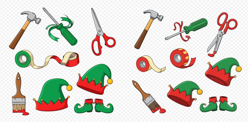 A collection of Christmas elf hats, shoes, and various crafting tools like hammers, screwdrivers, scissors, paint brushes, and tape, arranged on a white background.