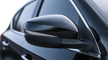 Close up of a modern black car side view mirror with integrated turn signal light isolated on transparent background