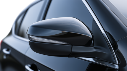 Close up of a modern black car side view mirror with integrated turn signal light isolated on transparent background
