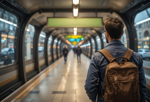 Man standing in transit station with backpack and busy background Generative AI