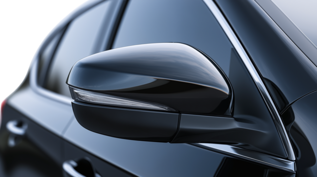 Close up of a modern black car side view mirror with integrated turn signal light isolated on transparent background