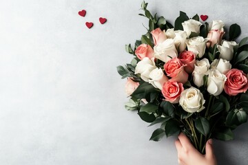 Colorful bouquet of fresh roses held against a light background with decorative hearts for a romantic occasion. Concept of Saint Valentine Day and 8 Mart celebration.