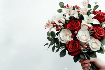 Beautiful bouquet of red and white flowers held in hand against white background. Concept of Saint Valentine Day and 8 Mart celebration.
