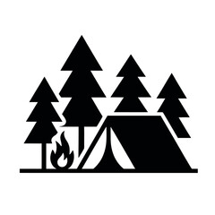 Obraz premium Silhouette of a campsite with a tent, a campfire, and pine trees