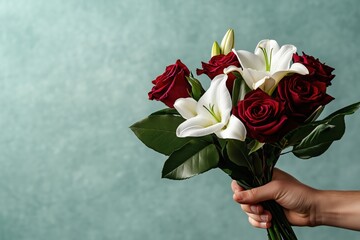 Beautiful bouquet of red roses and white lilies against a soft green background. Concept of Saint Valentine Day and 8 Mart celebration.