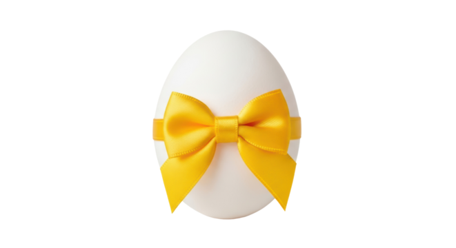 Elegant white Easter egg with yellow ribbon isolated PNG, festive spring holiday decoration on transparent background