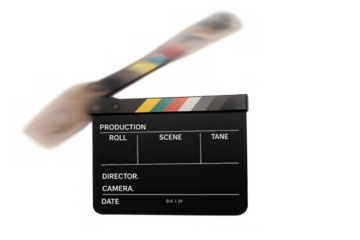Clapperboard hitting, action in film production, recording cinema movie scenes, directing video with transparent background