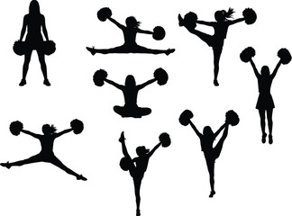 Silhouette of cheerleaders in various poses energetic cheerleading squad performing stunts and routines with pompoms in a dynamic display
