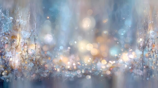Abstract impressionistic blurry bokeh lights evoking a dreamy winter wonderland scene with soft pastel colors - Powered by Adobe