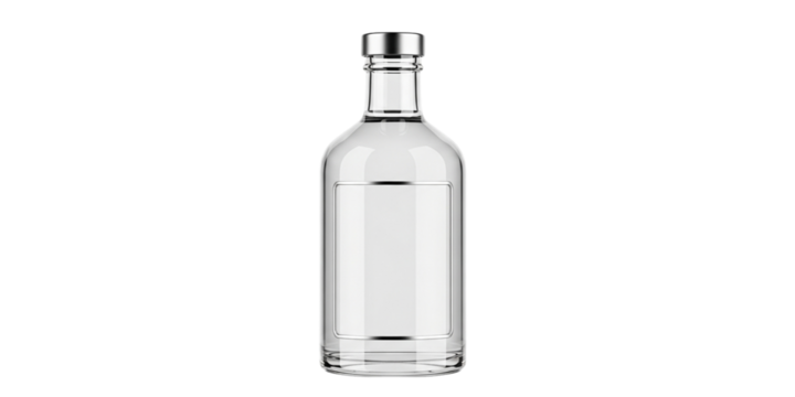 Clear glass bottle filled with transparent liquid on black background