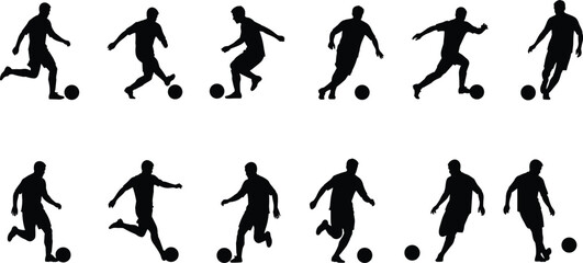 Silhouette of a soccer player in various poses a dynamic sequence of a football player dribbling, kicking, and controlling the ball