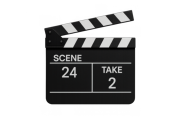 Clapperboard opening at scene 24 take 2 for filmmaking production, video shooting, and cinema industry