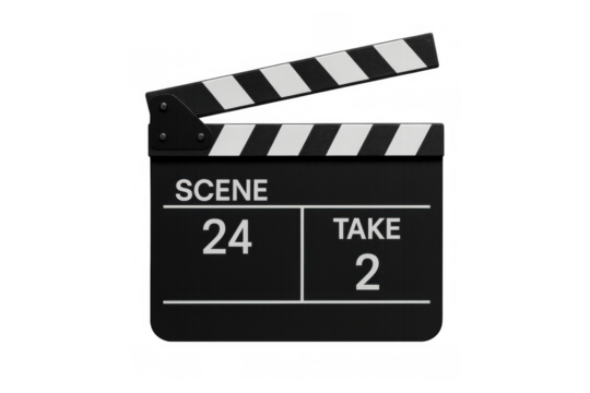 Clapperboard opening at scene 24 take 2 for filmmaking production, video shooting, and cinema industry - Powered by Adobe