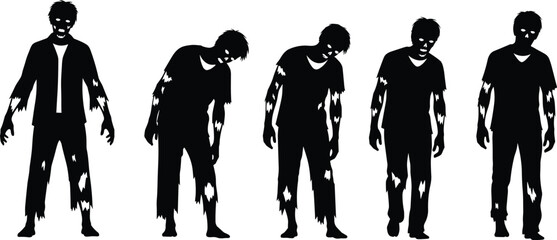 A group of zombie silhouettes walking slowly perfect for halloween themed designs, horror games, or spooky event promotions