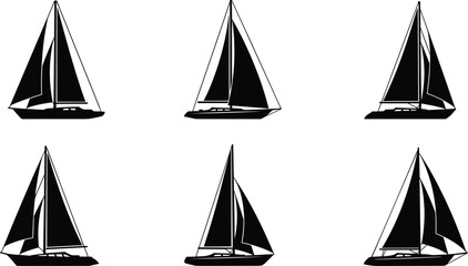 Various sailboat silhouettes are arranged on an, showcasing different angles and perspectives of these sailing vessels in a simple design