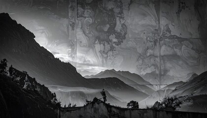 Ethereal monochrome mountain landscape with marble sky, evoking dreamlike, scenic beauty