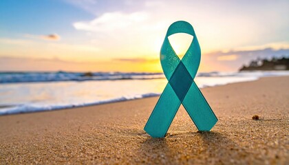 Awareness Symbol on Beach Turquoise Ribbon Represents Teal, Cervical Cancer, and Women's Health