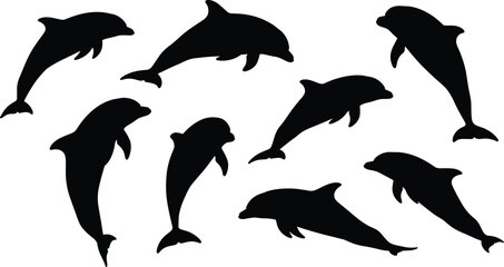 A captivating silhouette of a playful dolphin pod, gracefully leaping and swimming in unison, , creating a mesmerizing marine scene