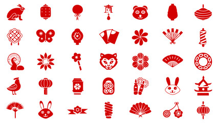 Chinese New Year icon set, red festival, holidays vector symbol collection