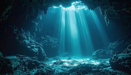Sunlit Underwater Cave A Tranquil Scene of Marine Beauty and Geological Wonders