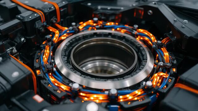 Macro industrial photograph of a rotating metal wheel assembly, surrounded by orange hydraulic elements and matte black housing, glowing with engineering complexity