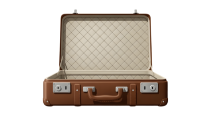 Open brown leather suitcase with quilted interior on black background