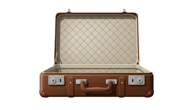 Open brown leather suitcase with quilted interior on black background