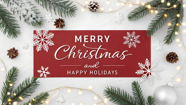 Merry Christmas and happy new year sale banner template with pine garland red baubles and festive lights on dark green background for holiday greeting card, social media, greetings, and promotion.