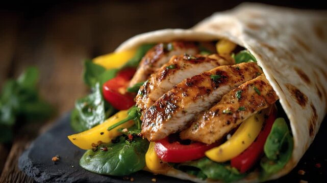 Macro perspective of seasoned poultry, crisp greens, and colorful peppers wrapped in a warm tortilla, shallow depth of field highlighting freshness