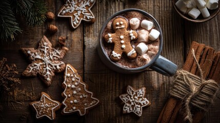 Cozy christmas scene with gingerbread cookies and hot chocolate topped with marshmallows on a rustic wooden table