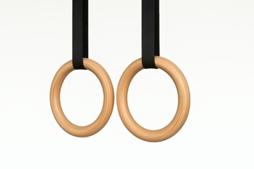 Wooden Gymnastic Rings Close Up on White Background. Gym rings, fitness, strength, workout, training, bodyweight, gym