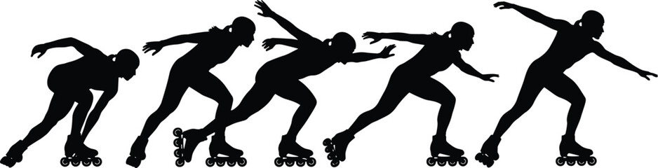 Black silhouette sequence of a speed inline skater or rollerblader in motion, showing athletic woman in racing uniform accelerating, isolated vector illustration of professional sports and fitness.