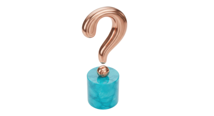 Rose gold question mark isolated PNG on turquoise marble pedestal, symbol of uncertainty and inquiry for graphic design