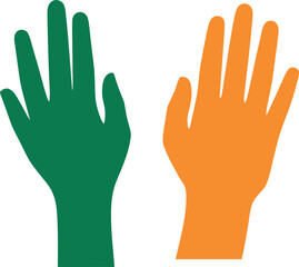 Stylized green and orange human hands raised side by side in a minimalist graphic design, representing concepts of national identity, partnership, and diverse connection. Vector