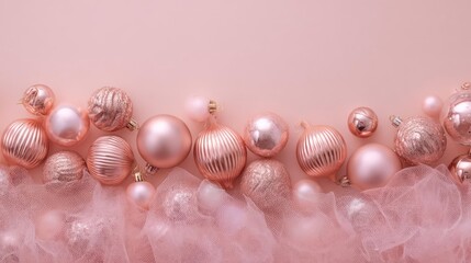 Elegant collection of rose gold balloons with delicate floral accents arranged on a soft pink background for celebrations