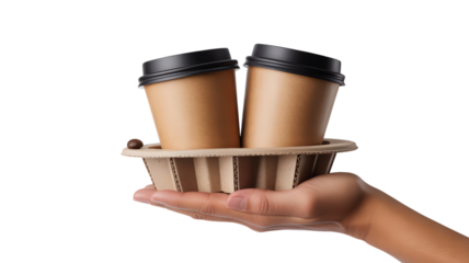 Takeaway Coffee Cups in Holder Held by Hand Isolated on Transparent Background Convenient Beverage Solution for Commuting and On The Go Caffeine Fix