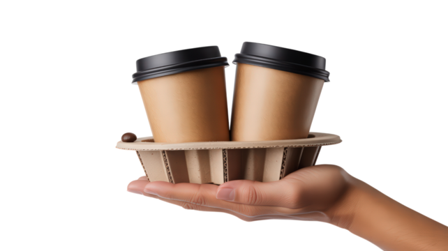 Takeaway Coffee Cups in Holder Held by Hand Isolated on Transparent Background Convenient Beverage Solution for Commuting and On The Go Caffeine Fix - Powered by Adobe