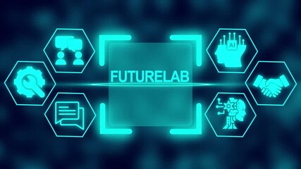 FUTURELAB logo with AI and business icons on a dark blue bokeh background Keywords: FUTURELAB, AI, artificial intelligence, technology, innovation, digital, data - Powered by Adobe