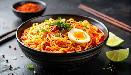 Delicious bowl of steaming spicy ramen noodles topped with a soft-boiled egg and fresh green onions, with lime wedges on the side