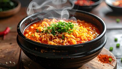 Appetizing steaming hot spicy noodle soup, generously garnished with fresh green onions, presented in a rustic black ceramic bowl, ready to be enjoyed