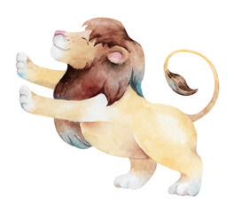 Lion, cartoon African predator, hand drawn watercolor illustration isolated on white background. Big adorable cat children's colorful clip art for games, animal, zoo, safari, travel design