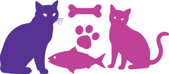 Purple and pink cat silhouettes with pet essentials like fish, paw print, and bone for animal care and veterinary designs. Vector