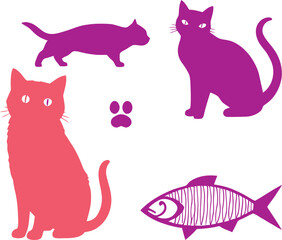 Stylized cat silhouettes, red and purple, with a purple fish and paw print, clean vector graphic for animal and pet themes. Vector