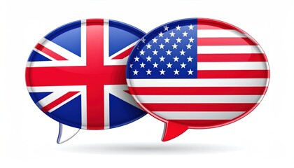 English and American flags on speech bubbles symbolizing communication and understanding between cultures