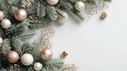 Elegant christmas tree branches adorned with frosted pine needles and delicate rose gold and white ornaments