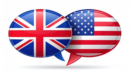 Vector illustration of glossy speech bubbles with the flags of the United Kingdom and the United States, representing a dialogue between British and American English