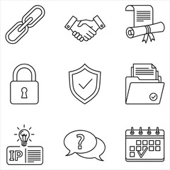 Business, legal, security, and agreement line art vector icons isolated on white background, Vector