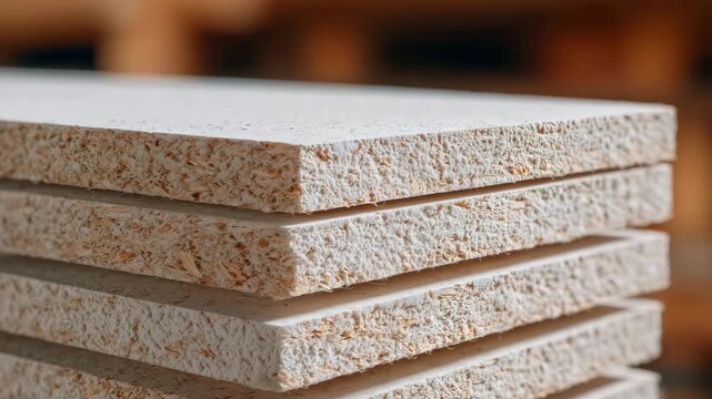 Macro shot of stacked gypsum boards, corners and surface textures in sharp focus, ambient industrial lighting emphasizing construction material quality