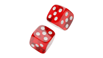Two red dice tumbling in the air on a black background